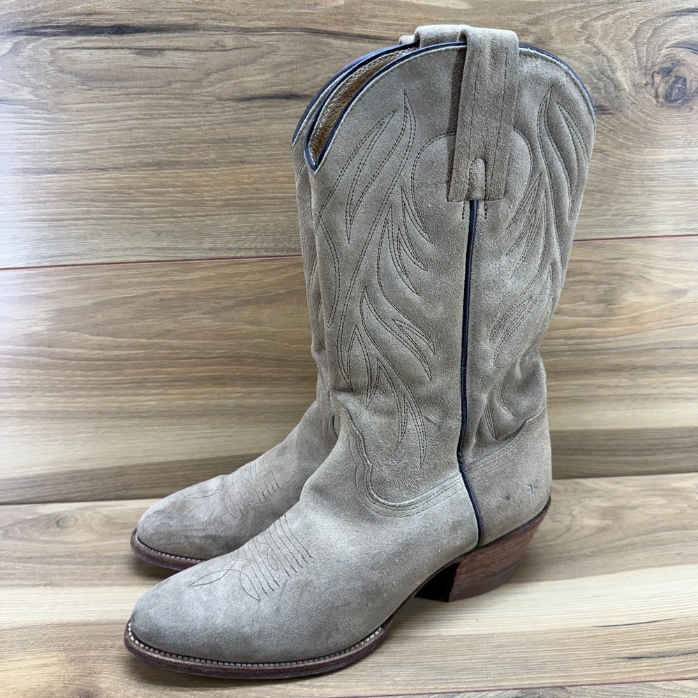 Frye Suede Western Heeled Boots in Taupe - Picture 3 of 11